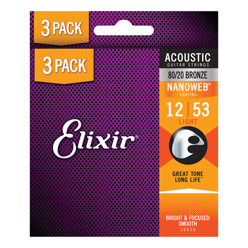 ELIXIR 3-Pack Nanoweb 80/20 Bronze 12-53 Light Acoustic Guitar Strings