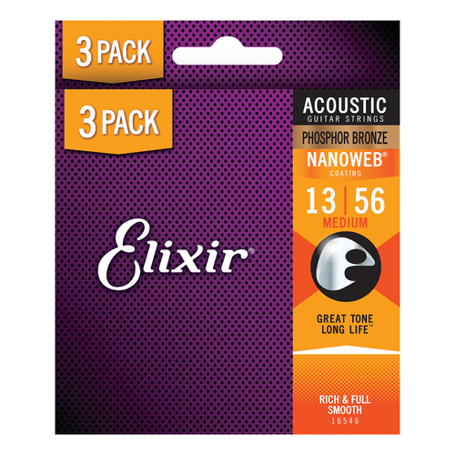 ELIXIR 3-Pack Nanoweb Phosphor Bronze 13-56 Medium Acoustic Guitar Strings